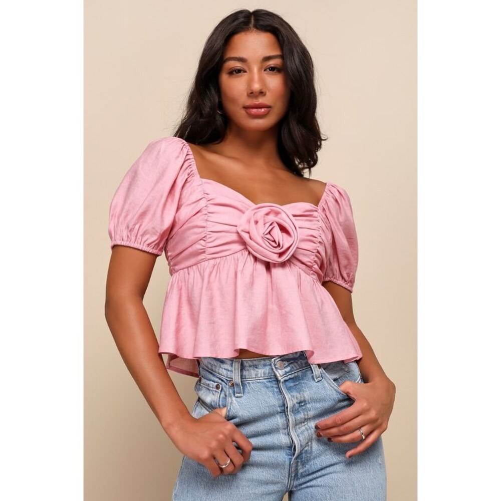 NWT | Lulus Always Beloved Rose Pink Ruched Rosette Puff Sleeve Top